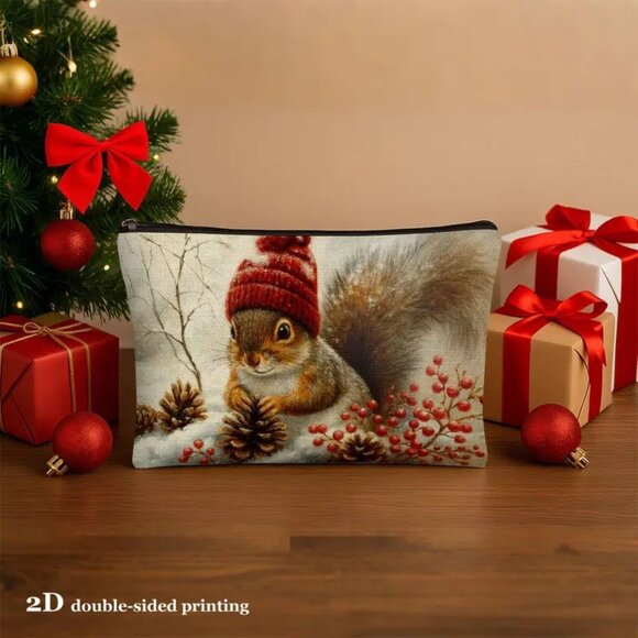 Squirrel in Red Hat w Pine Comb Holiday Makeup Cosmetic Bag Zipper Lightweight - Picture 1 of 2